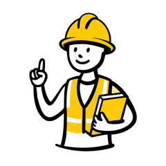 Cute Doodle Construction Worker Holding Clipboard and Pointing Vector Illustration
