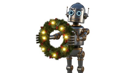 Cute robot holding festive Christmas wreath with glowing lights, perfect for holiday greetings