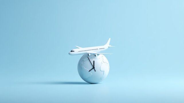 project management budget efficiency. Airplane balancing on a globe, symbolizing travel and time management.