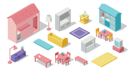 Obraz premium Isometric home furniture collection with pastel colors for modern interiors