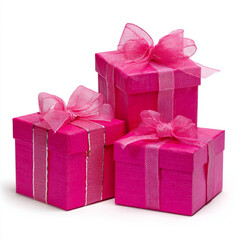 Obraz premium Hot Pink Christmas Gift Boxes on White Background, Festive Holiday Decor Concept