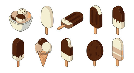 Assorted ice cream treats in isometric 3d design on white background