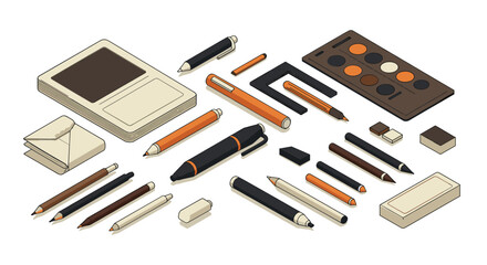 Artistic stationery set in modern isometric design featuring pens, pencils, and notepads