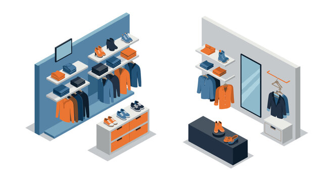 Modern isometric clothing store display with shelves, racks, and mirror in blue and orange theme