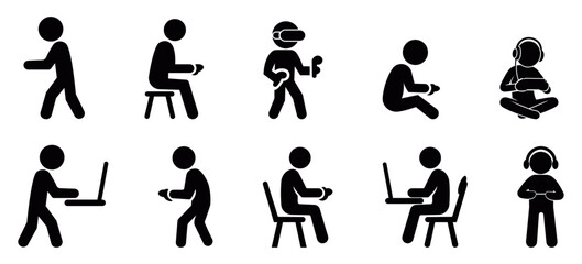 Collection of stick figure icons showing various sitting postures and daily activities such as reading, using a laptop, and resting, designed in minimalist silhouette style for infographic