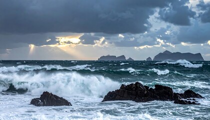 Dramatic seascape featuring crashing waves against dark rocks under a stormy sky, with distant islands in the background. Sunlight breaks through clouds