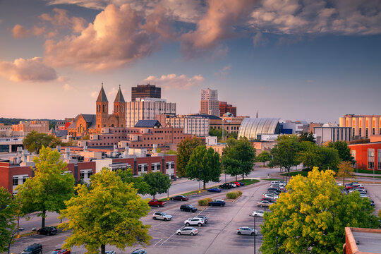 Akron, Ohio, USA. Cityscape image of Akron, Ohio, USA at beautiful autumn sunset.