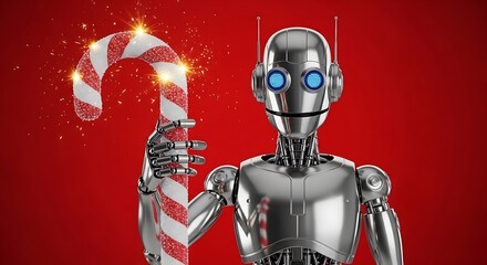 Futuristic robot holding a sparkling candy cane creating holiday magic and festive joy