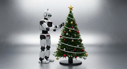 Futuristic robot carefully decorates a festive Christmas tree with ornaments and a star