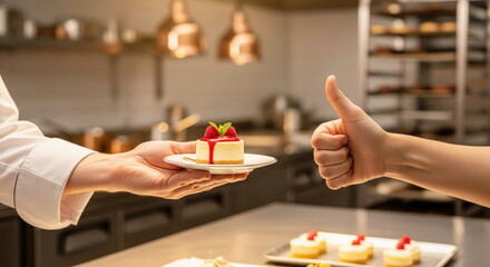 A chef proudly presents a gourmet raspberry cheesecake on a plate, receiving a thumbs-up gesture in a professional kitchen, symbolizing excellent quality and satisfaction.