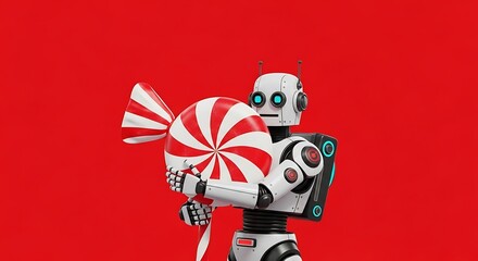 Futuristic robot carries giant peppermint candy, perfect for holiday tech and sweet promotions