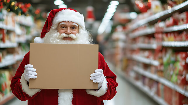 Festive image of Santa Claus in a grocery store, holding a blank cardboard sign for seasonal promotions or holiday messages amidst the aisle of colorful products.