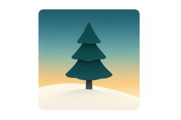Minimalist pine tree standing on a snow-covered hill with a gradient sky, representing winter, nature, and holiday seasons