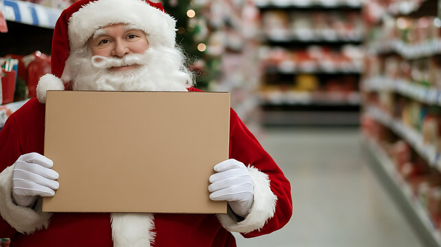 Festive cheer in aisle four! Santa Claus shops with a blank sign for your holiday message. He's ready to share yuletide greetings and shopping tips. Add your text!