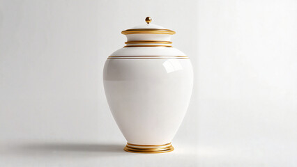 Elegant white funeral urn with gold trim on bright background, religious service brochures, symbolic advertising, awareness campaigns, funeral announcements, obituary visuals, 