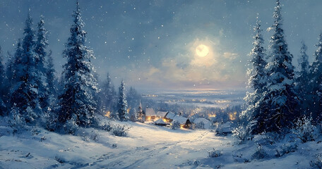 Image of christmas greetings in russian over snow falling, moon and christmas trees