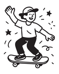 Expressive line art of a happy skater kid riding skateboard with stars, perfect for youth brands, playful designs, and energetic lifestyle content