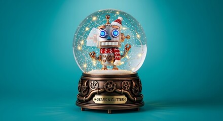 Whimsical robot snow globe brings festive cheer and modern holiday magic to any scene