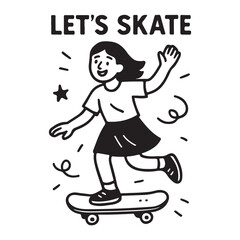 Energetic skater girl illustration with bold, playful lines, perfect for children's books, apparel, and fun brand designs, bringing youthful vibes and active energy © brudaler46