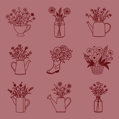 A charming collection of floral arrangements featuring delicate baquet flowers presented in a variety of decorative pots and containers