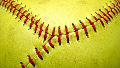 Extreme close-up of a bright yellow, slightly used ball featuring intricate, vibrant red stitching. Texture of the surface shows wear