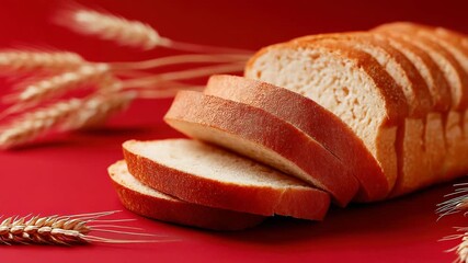 Sliced bread loaf with wheat ears on vibrant red background for culinary themes - Powered by Adobe