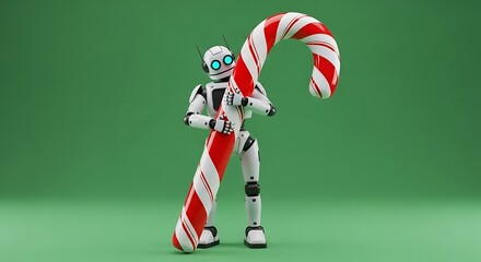 Futuristic robot charmingly carries giant candy cane, bringing holiday cheer and innovation to celebrations