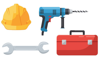 A collection of essential construction and repair tools including a hard hat, electric drill, wrench, and a red toolbox, isolated on a white background