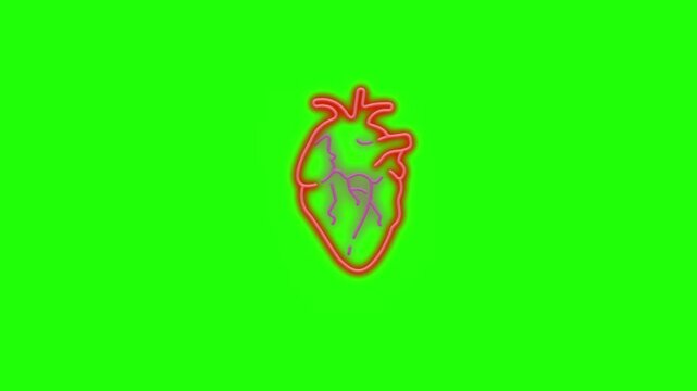 Human heart organ illustration with bright neon glow and vivid pink veins isolated on transparent background.
