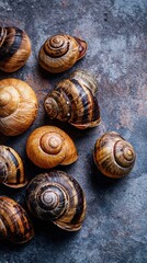 Cargols a la llauna (grilled snails) from Andorra on a smoky gray background, minimalist food photo, template for social media, digital ads, web banners, mobile wallpapers, greeting cards