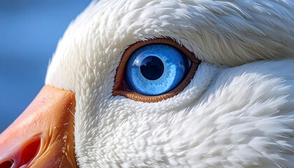 Extreme close-up of an avian eye, bright blue iris reflecting the sky. White feathers surround a vibrant orange beak. The focused detail highlights nature's beauty