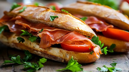 Sandwiches with prosciutto tomatoes and parsley