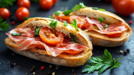 Sandwiches with prosciutto tomatoes and parsley