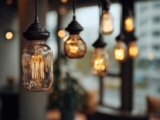 Multiple Edison Bulbs Hanging in Cafe Interior Warm Amber Glow Incandescent Filaments Glass Fixtures Decorating Modern Restaurant Space with Soft Ambient Light