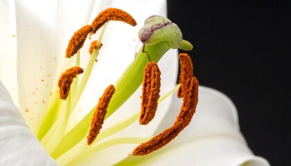 Extreme close-up of white flower's central parts, highlighting stamens with orange pollen and a pistil. Dark, blurred backdrop