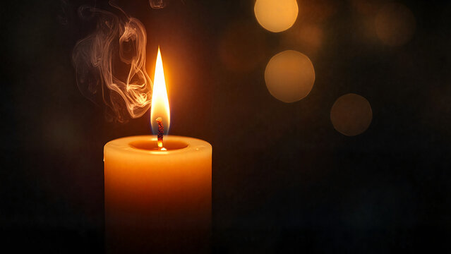 Burning memorial candle with smoke on dark background, religious service brochures, symbolic advertising, awareness campaigns, funeral announcements, obituary visuals,  - Powered by Adobe
