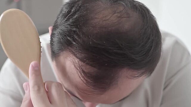 Androgenic alopecia, hair loss, male pattern baldness, man showing his visible bald area. High quality 4k footage