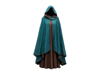 Teal and brown hooded cloak isolated on a transparent background
