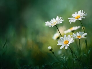Close-up View Serene White Daisies Green Lush Background Tranquil Meadow Scene Blossoming Flowers Springtime Nature Beauty Sunlight Soft Hues Floral Harmony Peaceful Outdoor Environment