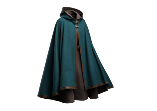 Teal hooded cloak with brown trim isolated on a transparent background