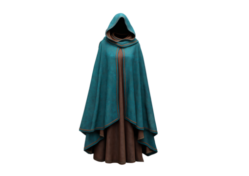 Teal and brown hooded cloak isolated on a transparent background