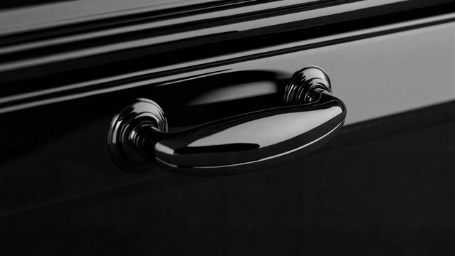 Close-up of black casket handle for funeral attributes, religious service brochures, symbolic advertising, awareness campaigns, obituary visuals, service website branding