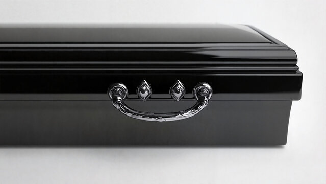 Closed black casket with detailed chrome handle for funeral attributes, product catalogs, funeral service advertisements, brochures, religious service brochures, symbolic advertising, 