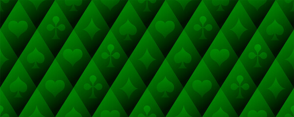 Playing card suits seamless pattern. Royal green background with spades, hearts, diamonds, and clubs. Vector poker style wallpaper. Suitable for gambling and casino advertising