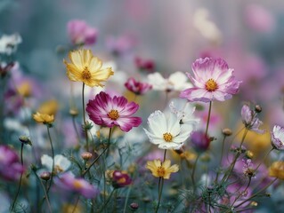 Cosmos flower field vibrant colorful blooms nature background outdoor garden summer season pink white yellow petals flora floral beauty