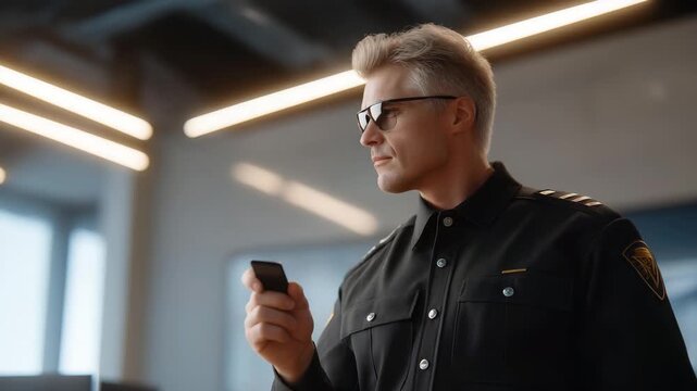 a polished training center with high-tech simulators, bright spotlighting on an instructor in a sharp uniform demonstrating a tool, confident pose as he gestures, detailed textures on the uniform's