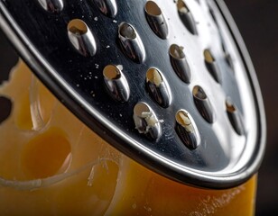 Extreme close-up view of a cheese grater with holes, partially grating a block of yellow cheese. Wooden, dark background