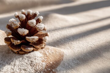 Pinecone dusted with snow sits elegantly on a soft fabric surface, capturing the essence of winter and holiday spirit in a minimalist composition