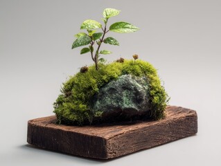 Minimalist Studio Still Life of Vibrant Green Moss-Covered Rock and Young Plant Sprout on Rustic Wooden Base Against Clean White Background