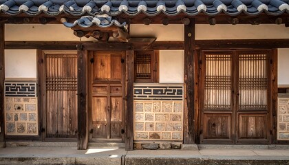 Facade of a traditional building. Wooden doors and window-like features stand below a tiled roof. Intricate patterns adorn the walls